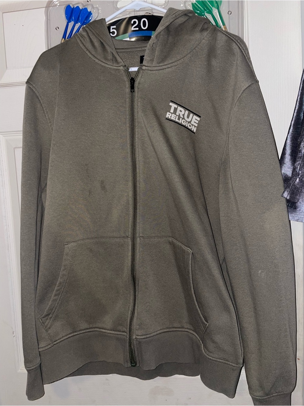 True Religion Olive Zip Front Logo Hoodie